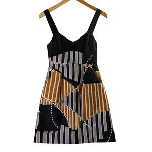 Tibi Empire Waist Dress Womens 0 Artsy Retro Event Black Gray Gold Silk Pockets